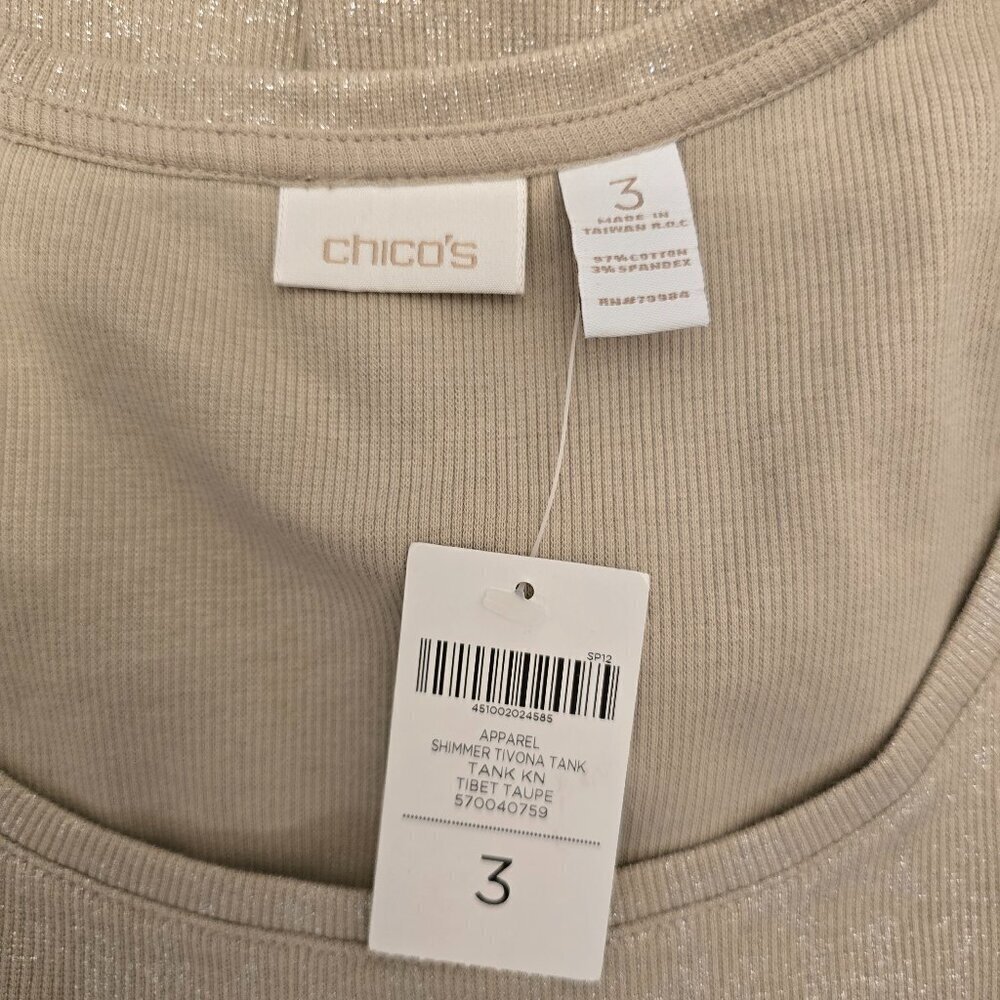 Chico's Shimmer Tivona Tank, Size 3, Tibet Taupe, NWT - Picture 3 of 9